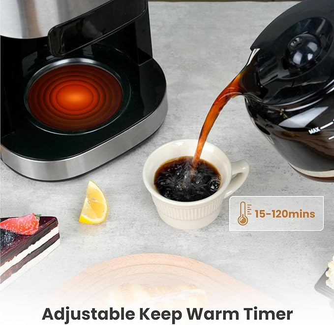 Gevi 10-Cup Coffee Maker with Built-in Burr Grinder, Programmable Timer, 1.5L Water Tank, Reusable Filter & Warming Plate – Drip Coffee Machine for Fresh Ground Coffee