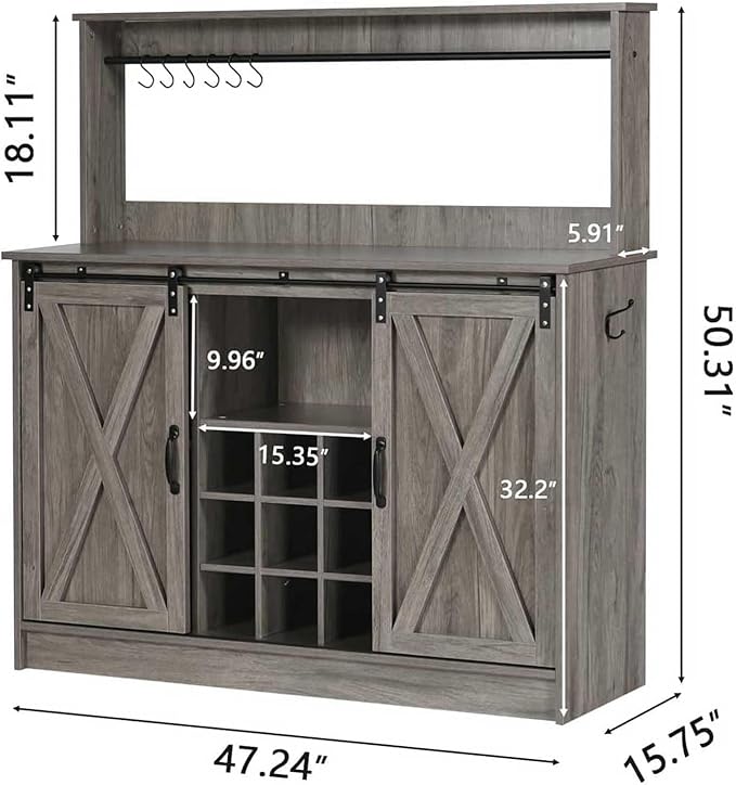 4ever2buy Farmhouse Coffee Bar Cabinet with Sliding Barn Doors, 50 Inch Coffee Bar Hutch with 6 Hooks and 9 Mug Rack, Hutch Cabinet with Storage for Living Room, Wash Grey