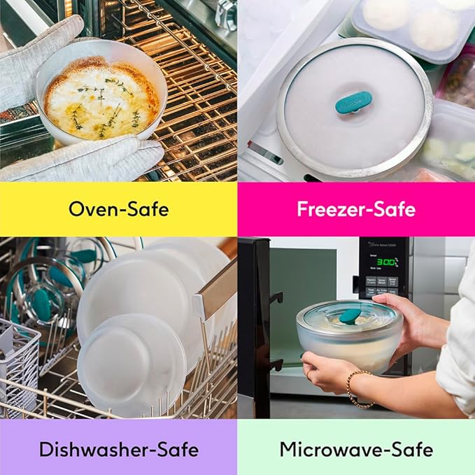 Anyday 8-Cup Glass Food Storage with Glass Lid, Round Deep Dish | Plastic-Free Meal Prep & Microwave Cookware | Stackable Airtight Storage Container with Vented Lid for Microwave-Safe Reheating