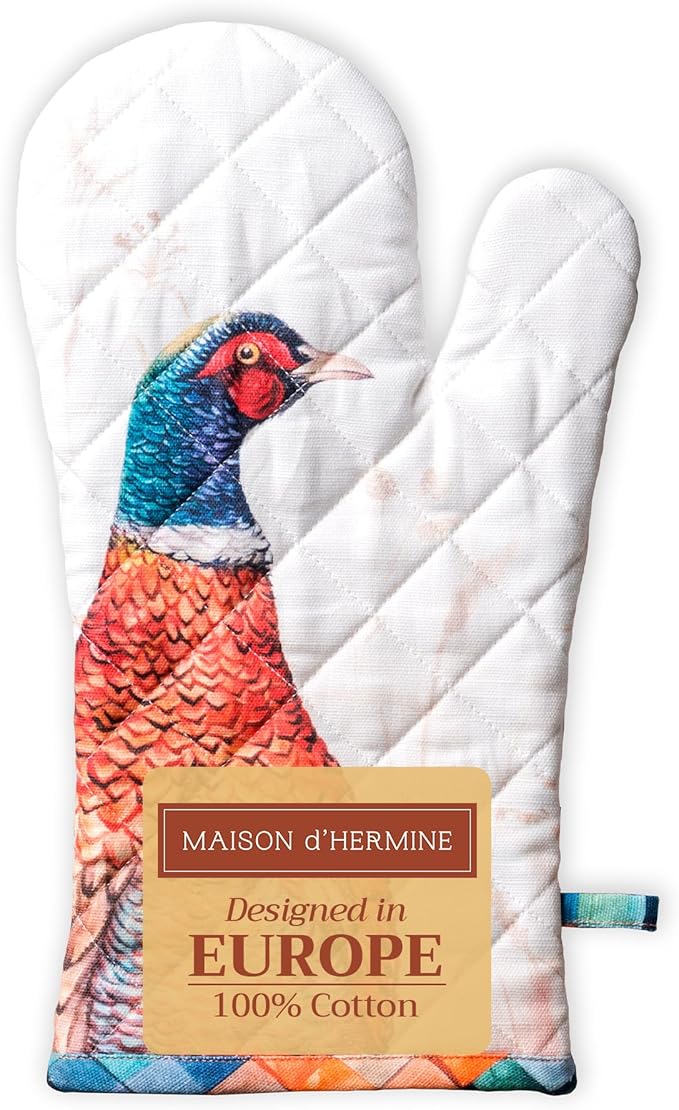Maison d' Hermine Oven Gloves 100% Cotton Oven Mitt 7" x 13" with Loop Heat Resistant, BBQ, Cooking Gloves, Baking, Grilling, Kitchen, Handling Hot Pans (Pack of 1, Faisan D'Automne)