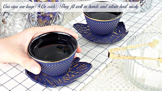 7PC Japanese Tea Set."Midnight Blue Koi" Cast Iron Tea Pot with 2 Tea Cups, 2 Saucers, Tea Infuser and Teapot Trivet. Ceremonial Matcha Accessories