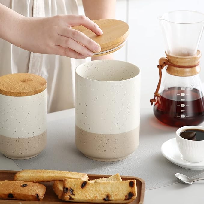 vancasso Sabine Coffee Storage Jar, 36 Oz Ceramic Kitchen Canister with Airtight Wood Lids, Coffee Container for Ground Coffee, Tea, Sugar, Nuts, Candy, Spices