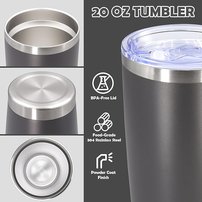 20oz Tumbler Bulk Stainless Steel Tumbler Cup with Lid Vacuum Insulated Double Wall Travel Mug, Durable Powder Coated Travel Coffee Tumbler Mug for Hot & Cold Drinks, Grey,12 Pack