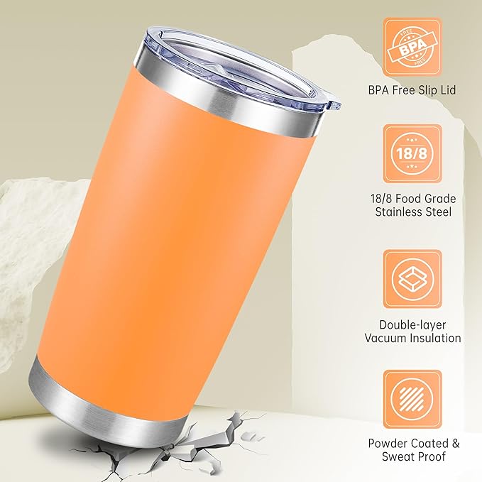 20 oz Tumbler Stainless Steel Tumblers with Lid Double Wall Vacuum Insulated Coffee Mug 20oz Powder Coated Cup for Hot and Cold Drinks, Orange, 1 pack