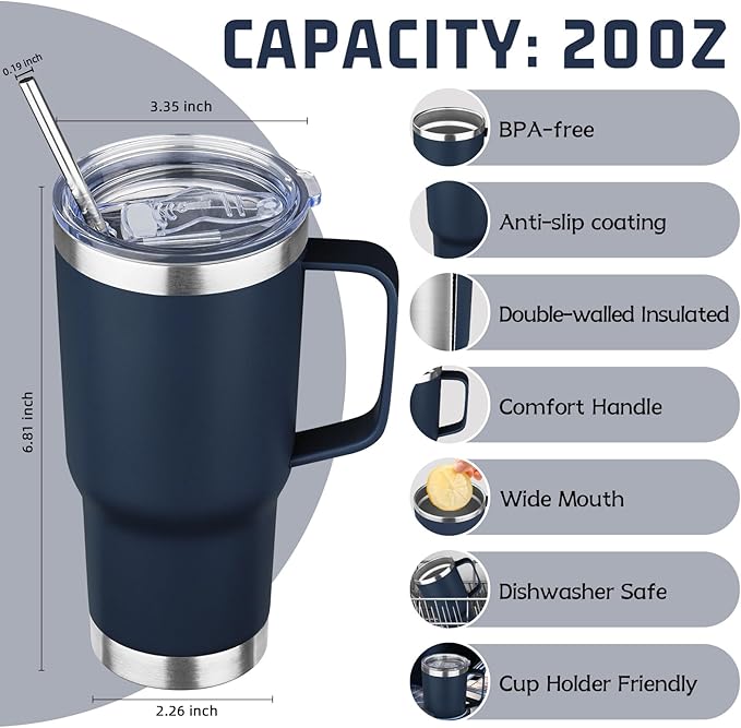 20 oz Tumbler with Handle Stainless Steel Insulated Coffee Mug Tumbler with Lid and Straw Double Wall Vacuum Insulated Coffee Mug Leak Proof Travel Mug Tumbler for Hot and Cold Drink (Navy Blue,1pack)