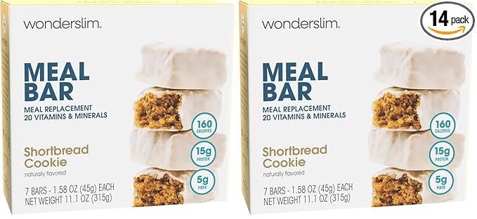 WonderSlim Meal Replacement Protein Bar, Shortbread Cookie, 15g Protein, 20 Vitamins & Minerals, Gluten Free (7ct) (Pack of 2)