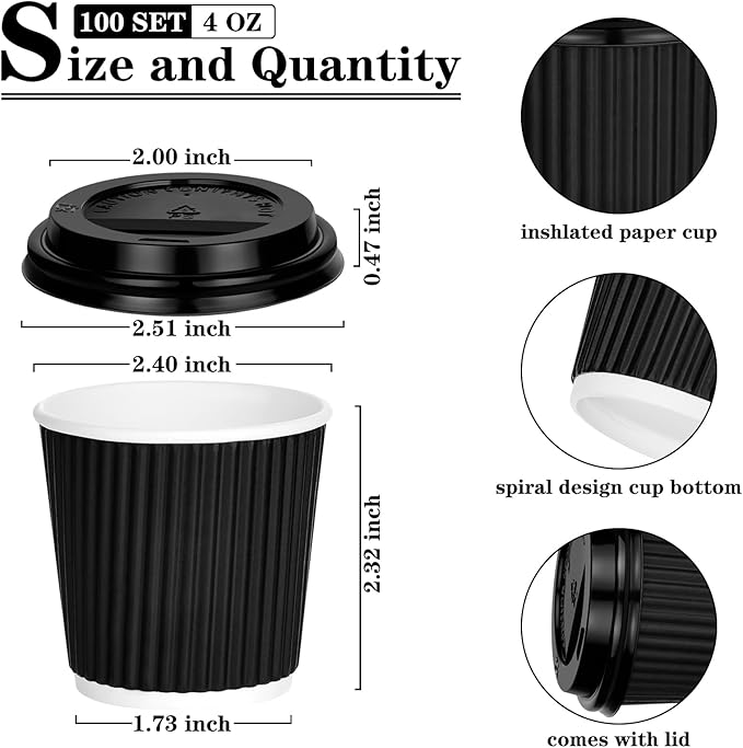 100 4oz Disposable Espresso Cups with Lids Ripple Corrugated Paper Disposable Coffee Cups Cups for Hot Chocolate, Tea, and Cocoa Drinks (Black)