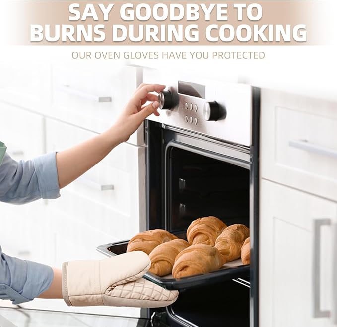 Mini Oven Mitts, Kitchen Oven Gloves Kitchen Mittens 500 Degrees Heat Resistant Baking Gloves, Non-Slip Silicone Surface with Hanging Loops Hot Gloves for Cooking, Baking, BBQ 1 Pair-Khaki