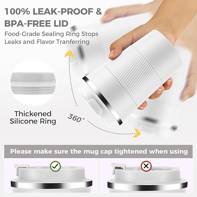 Volhoply 13 oz Stainless Steel Insulated Travel Coffee Mug with Fip Lid Bulk 8 Pack,Reusable Double Wall Vacuum Metal Coffee Cup,Portable Leak Proof Thermal Tumbler for Hot & Cold Drinks(White,8)