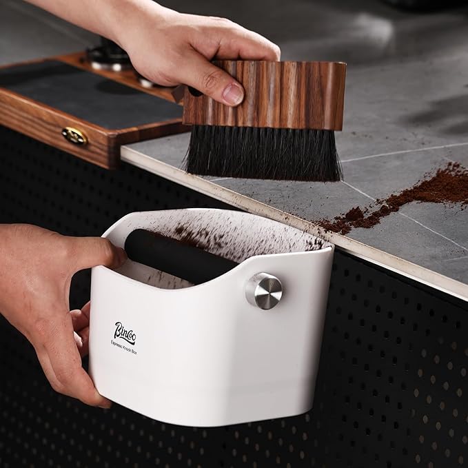 Espresso Knock Box - Bincoo Espresso Machine Knock Box/Espresso Grounds Knock Box, Barista Style Coffee Knock Box for Grounds with Removable Shock-Absorbent Knock Bar and Anti-Slip Base. (White)