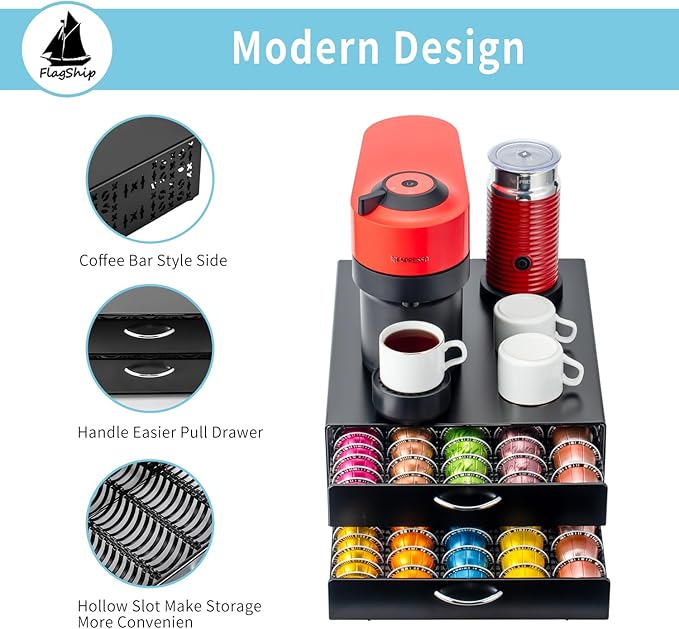Flagship Vertuo Pod Holder Coffee Storage for Nespresso Organizer - Large Capacity 2 Tier Drawer Fits All Size Vertuo Pods