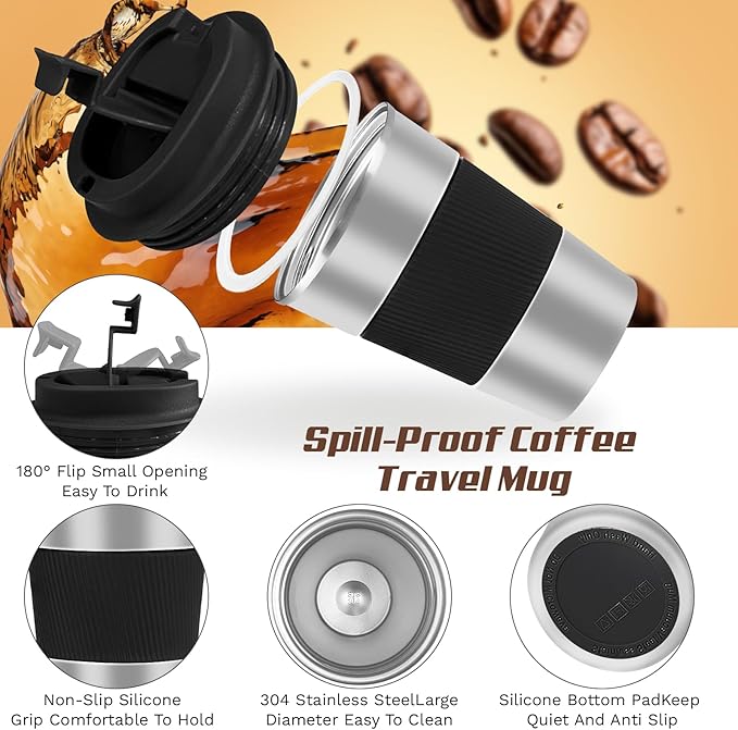 Vacuum-Insulated Stainless Steel Travel Coffee Mug, Leak-Proof Reusable Coffee Cup with Lid - Keep Hot & Cold Drinks for Hours, Durable Thermos Tumbler for Men & Women (3rd-Silver black, 12OZ)