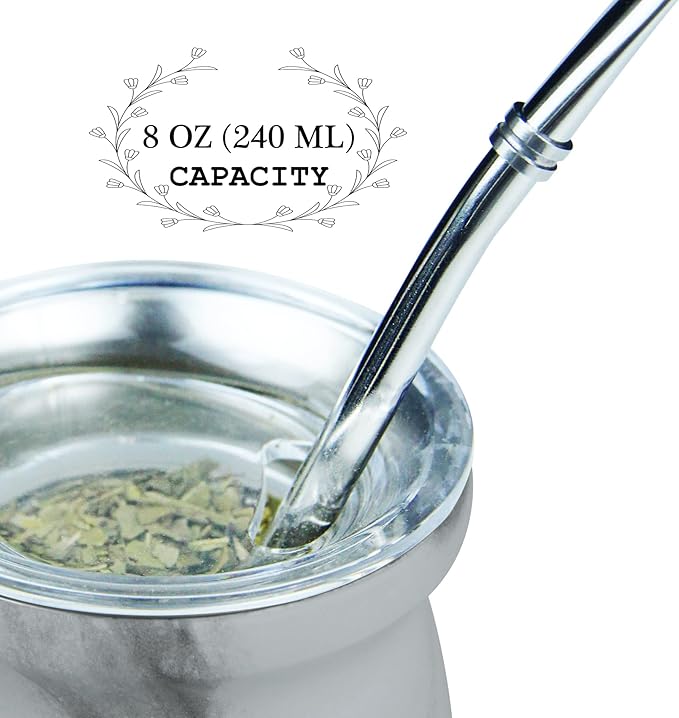 LA FEE Yerba Mate Natural Gourd/Tea Cup Set Brown (Original Traditional Mate Cup - 8 Ounces)，Includes Yerba Mate Straw & Cleaning Brush，Stainless Steel | Double-Walled | Easy to Clean (White)