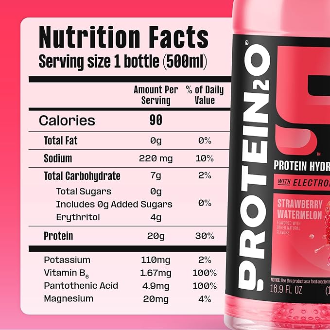 Protein2o Hydration Drink - 2-in-1 Liquid Clear Whey Protein Isolate and Electrolyte Drink - 20g Protein, Vitamins B5, B6 - Post-Workout Recovery - 16.9 Fl Oz - 12 Count Strawberry Watermelon