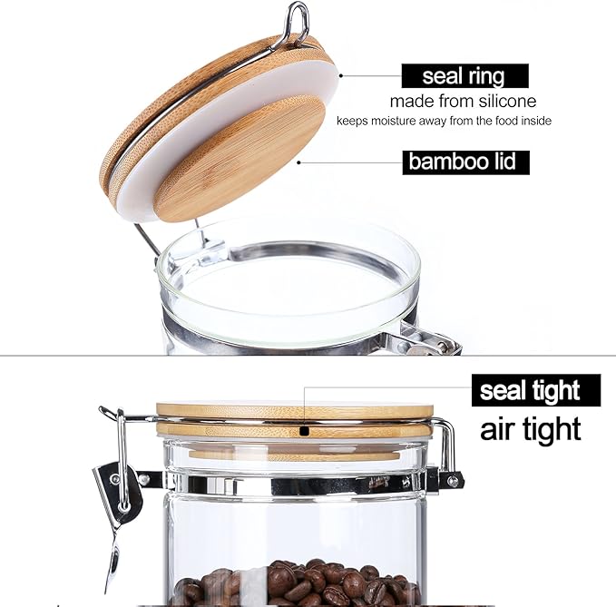 KKC HOME ACCENTS Borosilicate Glass Sealed Jars with Airtight Lid, Airtight Glass Food Storage Container with Locking Clamp Bamboo Lid for Loose Tea,Sugar,Cocoa,Coffee Canister,27 fl oz