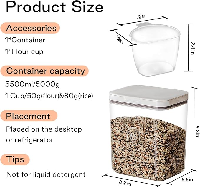 Flour Container - 5.5 L /5.81qt/5kg Large Flour Dispenser Keep Your Flour Fresh and Dry Easily with Kitchen Essential