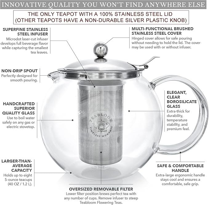 Teabloom All-in-One Glass Teapot and Tea Kettle – Heatproof Borosilicate Glass Tea Maker with Removable Stainless Steel Loose Tea Infuser – Classica Stovetop Tea Pot (40 oz / 1200 ml)