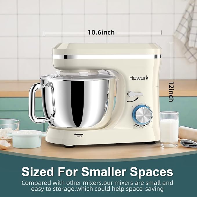 HOWORK Electric Stand Mixer,10+p Speeds With 6.5QT Stainless Steel Bowl,Dough Hook, Wire Whip & Beater,for Most Home Cooks,Cream White