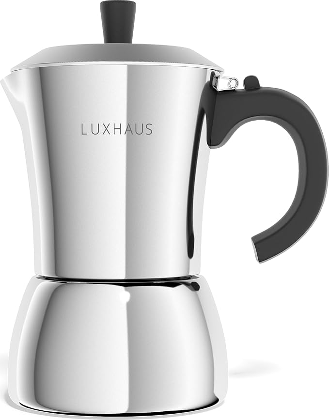 LuxHaus Moka Pot - 6 Cup Stovetop Espresso Coffee Maker - 100% Stainless Steel Italian and Cuban Mocha Coffee Maker