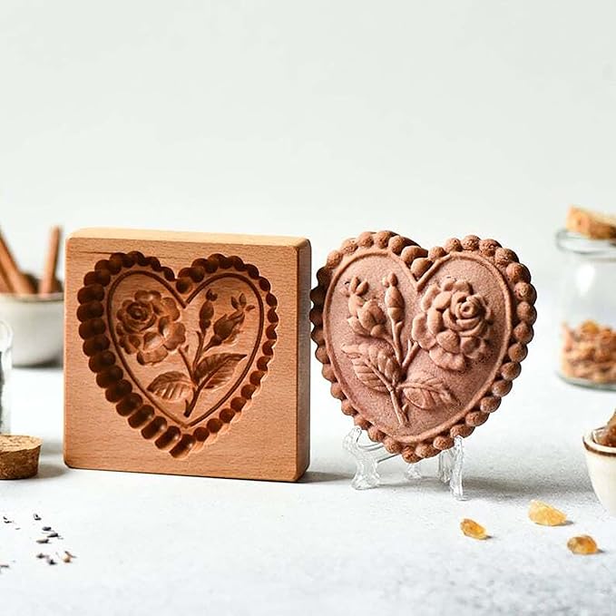 Wooden Cookie Biscuit Mold, 3D Baking Mold, Embossing Craft Decorating Baking Tool, Suitable for Halloween Thanksgiving Christmas Kitchen DIY (Love C 10 * 10 * 2)