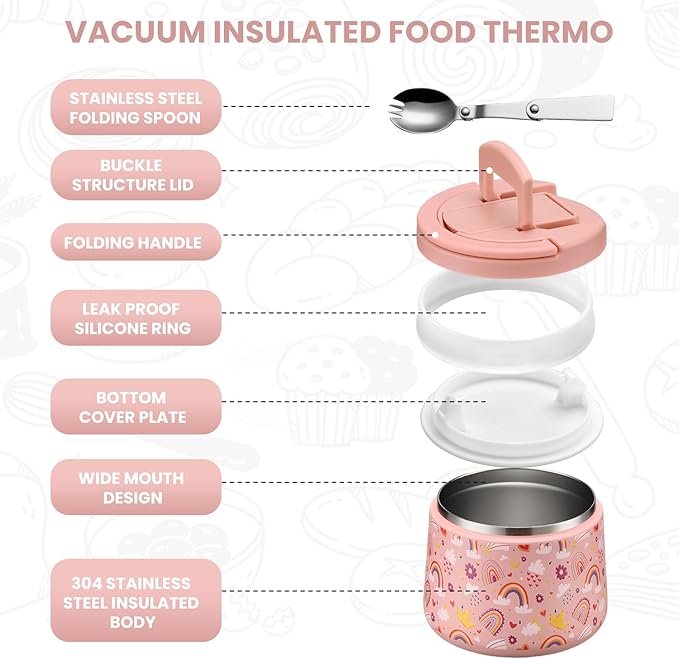 Soup Thermo for Hot Food Kids 14oz Lunch Containers with Buckle Lid Wide Mouth Hot Food Jar Vacuum Insulated Stainless Steel Bento Box Leakproof with Spoon(Rainbow)