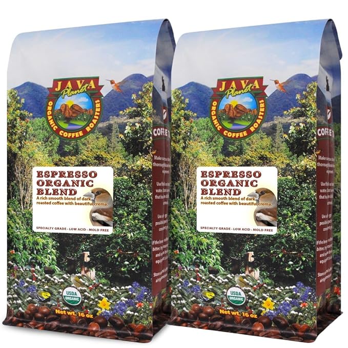 Low Acid Organic Coffee – Whole Bean, Mold-Free & Stomach Friendly by Java Planet, Espresso Blend Coffee, Dark Roast, Smooth Full Flavored, 2x1LB Bag