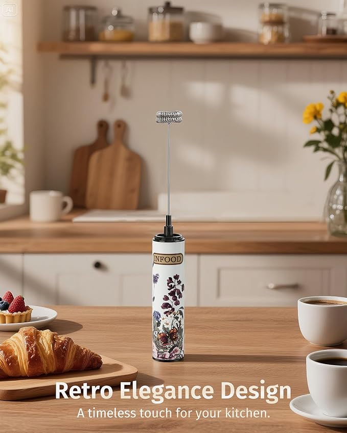 Milk Frother Rechargeable with Cover - Coffee Frother Wand, Drink Mixer Handheld with 2 Detachable Stainless Whisks 2 Speed Adjustable for Latte, Cappuccino, Hot Chocolate, Egg, White Floral