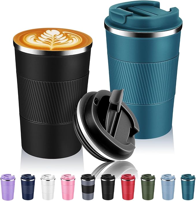 Volhoply 13 oz Stainless Steel Insulated Travel Coffee Mug with Fip Lid Bulk 2 Pack,Reusable Double Wall Vacuum Metal Coffee Cup,Portable Leak Proof Thermal Tumbler for Hot & Cold Drinks(Assorted,2)