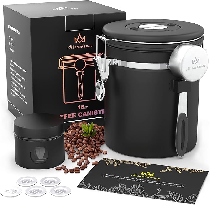 Coffee canister set for ground coffee with Date Tracker,Co2 Valve,Travel jar,Stainless Steel Kitchen Food Airtight storage container for Coffee Beans or Grounds,Tea,Sugar (16oz-Black)