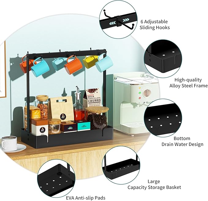 Coffee Mug Holder with Movable Hooks, 6-Mug Capacity Countertop Coffee Cup Rack with Storage Base
