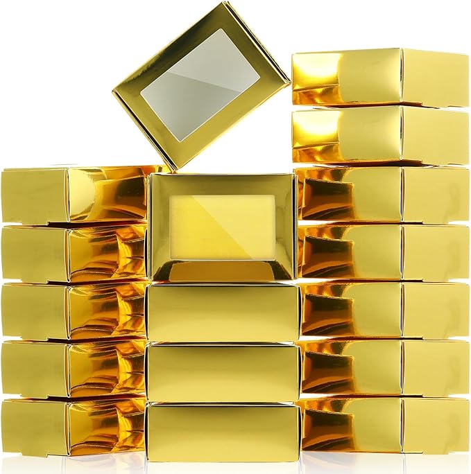 Zonon 30 Pcs Soap Boxes for Homemade Packaging, Mini Kraft Treat Boxes with Window for Bakery Candy Soap Making Gift Packaging(3.7 x 2.6 x 1.37 Inch,Gold)