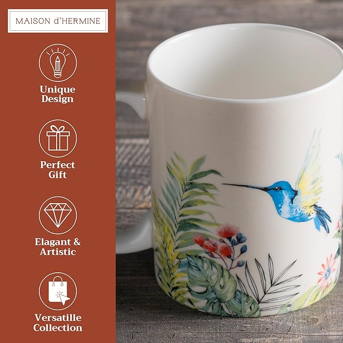 Maison d' Hermine Coffee Mug with Handles Fine Bone China Mugs Pack of One Tea Cups for Hot Beverages Cappuccino Latte Home Restaurant Office Perfect for Gift (Tropiques - Hummingbird, 12 Ounce)