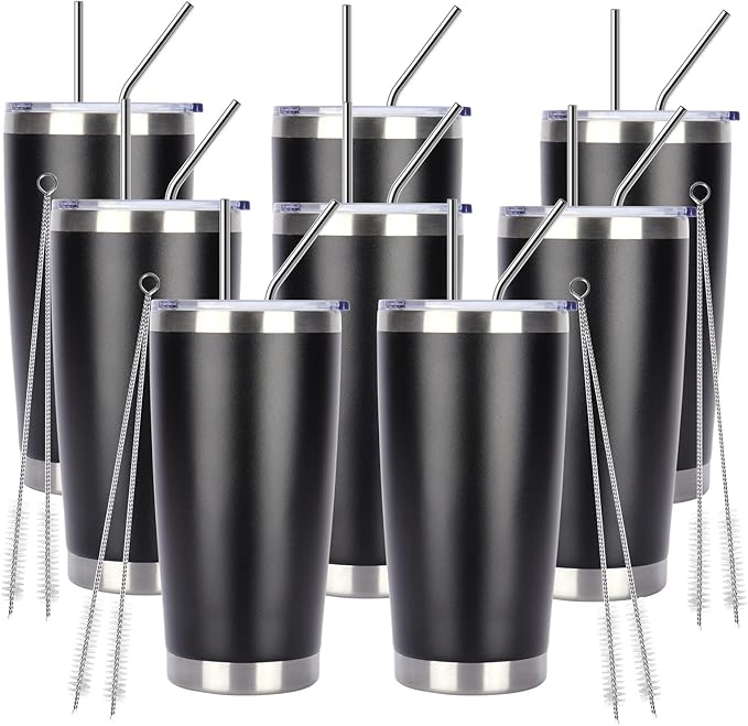 Pandance 20oz Stainless Steel Insulated Tumblers with Lid and Straw Bulk, Double Wall Vacuum Water Cups for Hot & Iced Coffee Drinks Travel Mug (Black, 8 pack)
