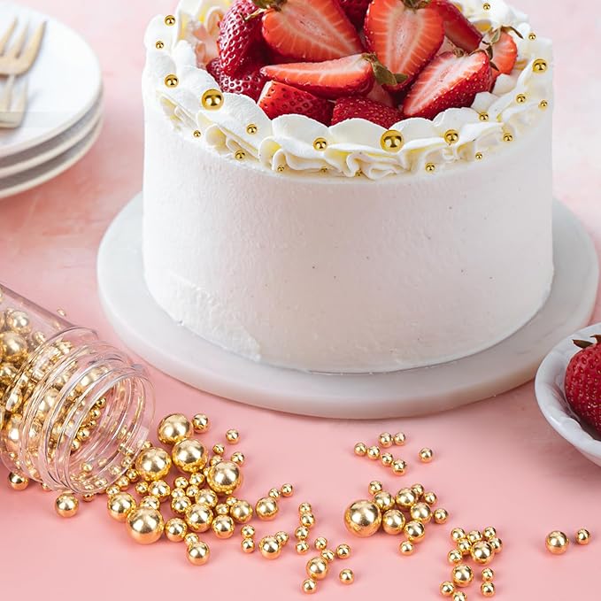 Twisweet Gold Pearl Sprinkles for Cake Decorating, Edible Sugar Pearls for Baking, Mix Size, Cake Topper Cupcake Cookie Ice Cream Dessert Decorations, Valentines Birthday Christmas Supplies (130g/4.58oz)