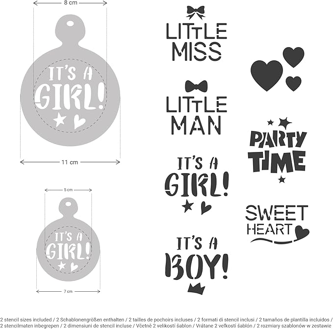 NAKLEO Coffee Stencils and Cookies Decoration 14Pcs 2.8”x2.8” and 4.3”x4.3”, Reusable Plastic Baking Templates, Baby Shower Newborn, Barista DIY Art Craft, Capuccino Latte Chocolate Cake Biscuit