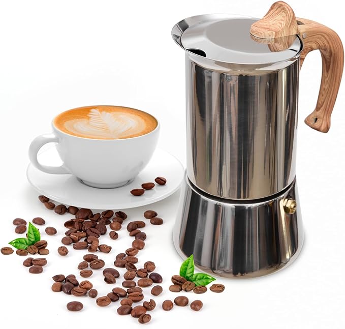Induction Moka Pot, Stainless Steel, Stovetop Espresso Coffee Maker, 4 Cup/200ml/7.0oz, Easy to Use and Clean, Camping Home Use | for Mocha Cappuccinos, Lattes