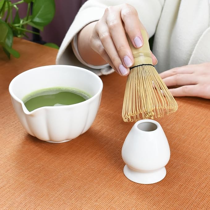 Artcome 7 Pcs Japanese Matcha Tea Set - Matcha Bowl with Pouring Spout, Matcha Whisk, Tea Scoop, Whisk Holder, Handmade Matcha Ceremony Kit For Japanese Tea Ceremony, Ivory
