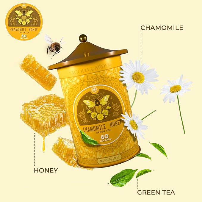 Life Plus Style Gourmet Pagoda Garden Chamomile Honey Green Tea Organic Herbal Green Caffeinated Hot or Iced Natural Sweet Honey Sleep Relax Antioxidants Wellness Support 60 Tea Bags