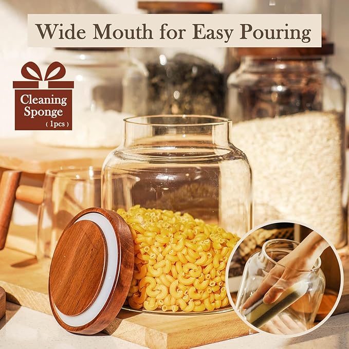 Labina Glass Storage Container Airtight Food Jars Kitchen Canister with Wood Lids, 60 Oz Wide Mouth Pantry Organization Glass Jar for Flour, Sugar, Cookie, Spagetti, Nuts and Candy