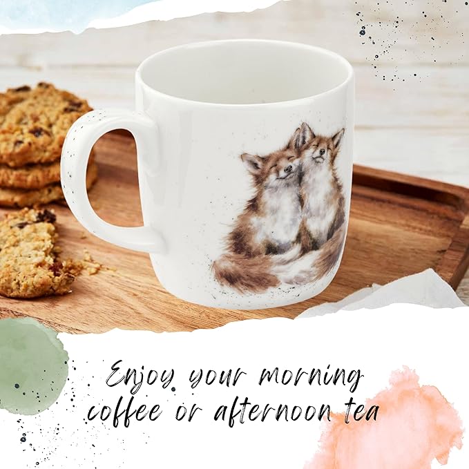 Royal Worcester Wrendale Designs 14 oz Mug, Bedtime Kisses - Fine Bone China with Fox Family Motif - Woodland Themed Tea Mug for Cozy Cottagecore Homes - Safe Ceramic Drinkware for Daily Use