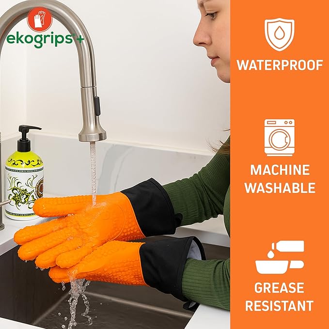 Ekogrips+ Premium Silicone Oven Mitts - Comfy, Waterproof, Heat Resistant BBQ Gloves for Grilling, Long Cuff for Added Protection, 5 Finger Dexterity, 3 Sizes, 4 Colors, L/XL, Orange