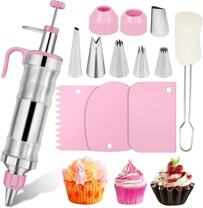 Dualshine Pink Cake Decorating Kit - 6 Russian Piping Icing Nozzles, 3 Cream Scrapers, Stainless Steel Cupcake Frosting Filling Injector