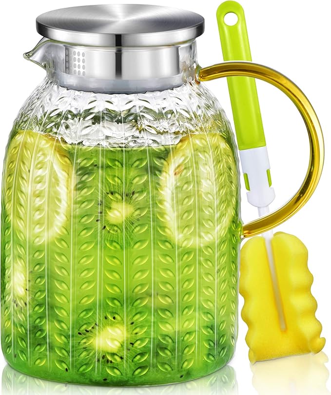 Aofmee 60oz Glass Pitcher, Water Pitcher with Lid, Iced Juice Jugs for Fridge, Glass Carafe for Cold or Hot Beverages, Sun Tea Jar, Easy Clean Heat Resistant Glass Jug for Milk