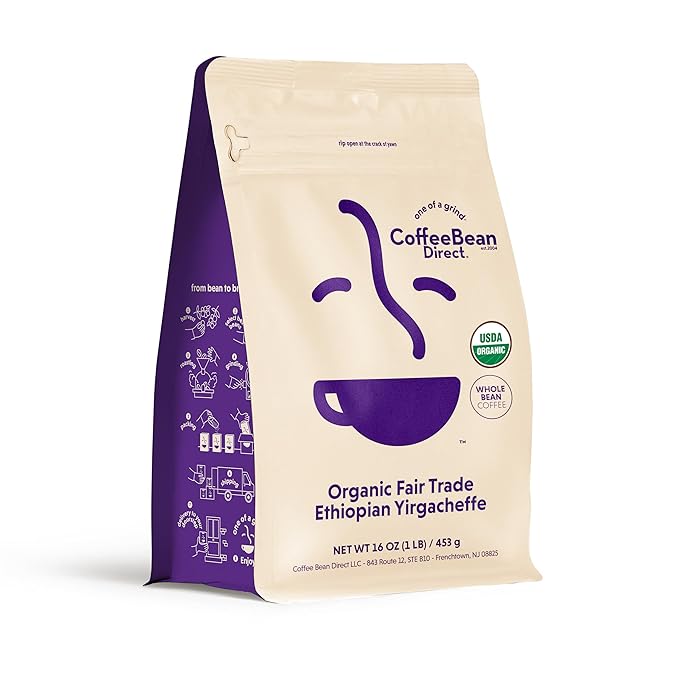 Coffee Bean Direct Organic Fair Trade Ethiopian Yirgacheffe, Whole Bean Coffee, Light Roast, 1 Pound Bag (Pack of 1)