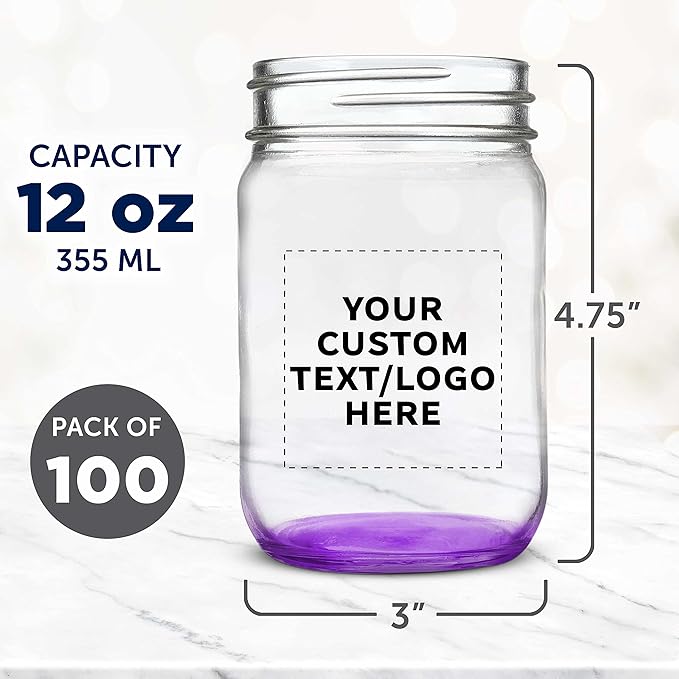 DISCOUNT PROMOS Custom Decorating Mason Jars 12 oz. Set of 100, Personalized Bulk Pack - Glass Jars for Overnight Oats, Candies, Fruits, Pickles, Spices, Beverages - Purple