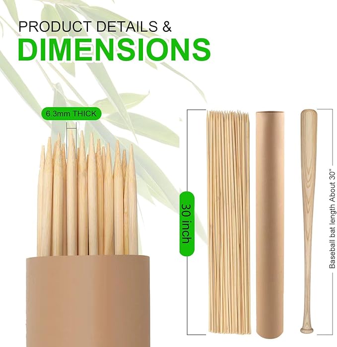 BETESINE 6.3mm Thick Bamboo Marshmallow Roasting Sticks, 30 Inch Extra Long Wooden S'mores Sticks for Fire Pit, BBQ, Camping, Sausage, Marshmallow Skewers – 100 PCS
