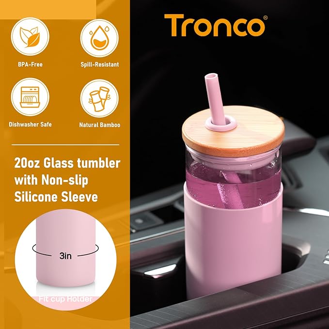 Tronco 20 oz Glass Tumbler with Lid & Straw - Iced Coffee Cup & Smoothie Cup With Silicone Sleeve | BPA-Free, Dishwasher Safe | Reusable Glass Cups with Bamboo Lids and Straws (Light Purple, 1 Count)