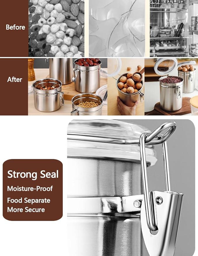 Stainless Steel Food Container with Clear Lids Airtight Storage Container Stackable Small Canisters Kitchen Pantry Storage for Cereal, Snacks, Candy, Herbs, Spices, Sugar, Tea (1.2L Silver)