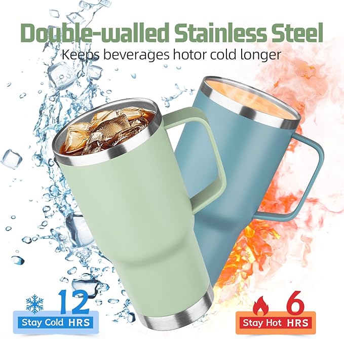 20oz Stainless Steel Insulated Tumbler with Handle, Double Wall Vacuum Insulated Coffee Mug, Leak Proof Travel Mug, Hot & Cold Drink, Green Tea, 1 Pack