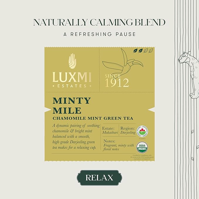 Luxmi Estates - Minty Mile - Organic Chamomile Mint Tea - Loose Leaf - 50g (25 Cups) | With Chamomile, Lemongrass, Spearmint and Peppermint | Low Caffeine Chamomile Tea | Best for Night Time